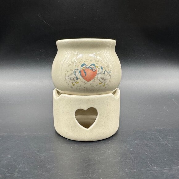 Vintage Potpourri Wax Warmer Heart Cutouts Blue Bow Goose 1980s Ceramic Cottage - Picture 2 of 11